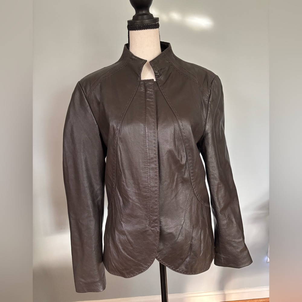 Tahari Dark Brown Collarless Leather Jacket